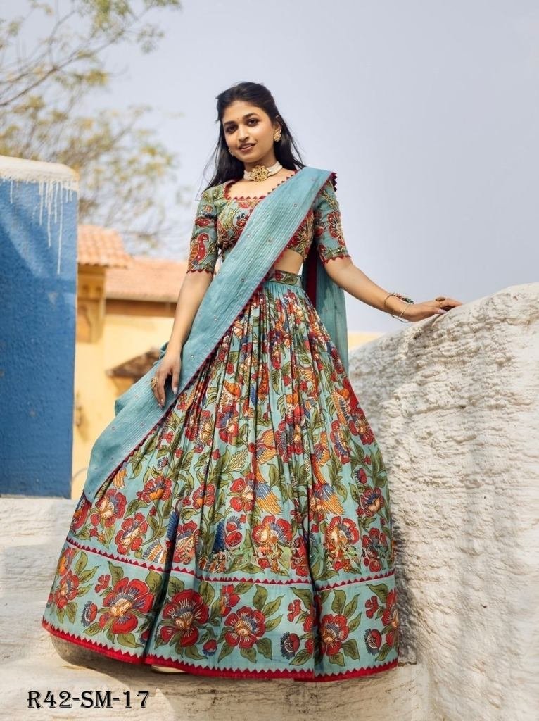 teal blue festival wear chinon 1718088597 Teal Blue Festival Wear Chinon Kalamkari Printed Lehenga Choli