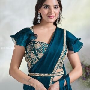 Teal Blue Party Wear Saree With Stitched Blouse By Mahotsav