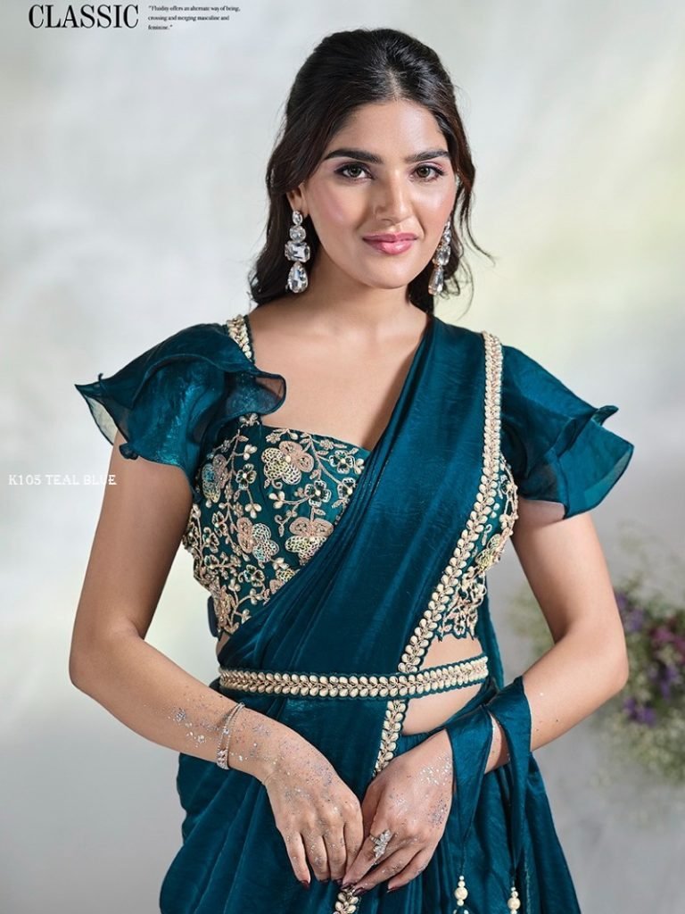 teal blue party wear saree wit 1737023170 Teal Blue Party Wear Saree With Stitched Blouse By Mahotsav