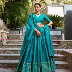 Teal Blue Traditional Chanderi Fully Stitched Lehenga Set