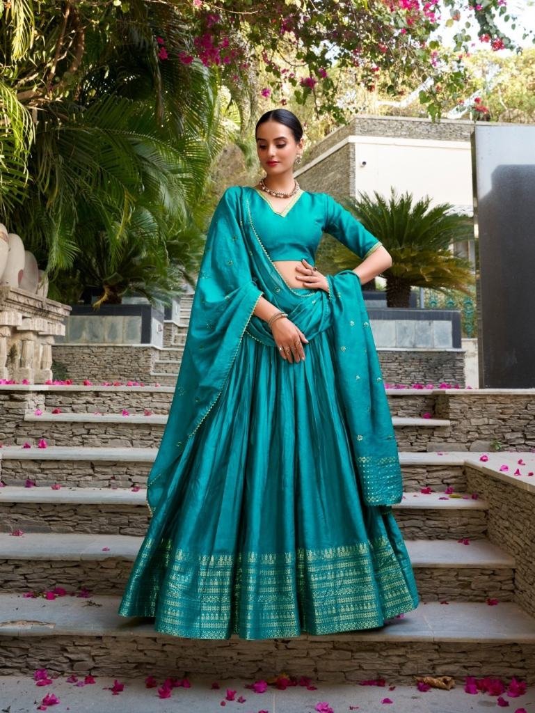 teal blue traditional chanderi 1765877802 Teal Blue Traditional Chanderi Fully Stitched Lehenga Set