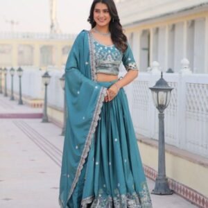Teal Exclusive Designer Embroidery Work Pure Chinon Lehenga Choli
