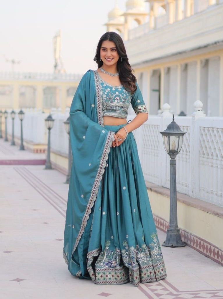 teal exclusive designer embroi 1735377723 Teal Exclusive Designer Embroidery Work Pure Chinon Lehenga Choli