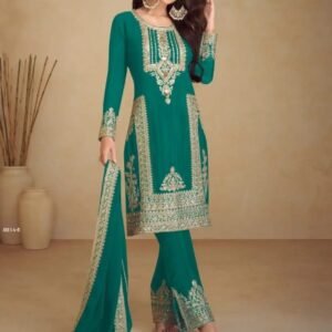 Teal Green Gulkayra Chinon Multi Embroidery Silk Suit Set