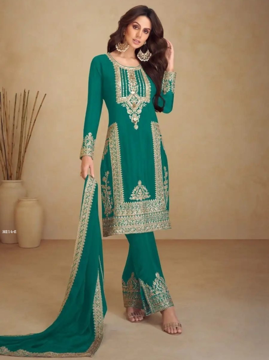 teal green gulkayra chinon mul 1772087196 Teal Green Gulkayra Chinon Multi Embroidery Silk Suit Set