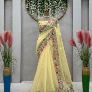 Tussar Silk Light Yellow Sequence With Pearl Work Saree