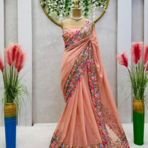 Tussar Silk Peach Sequence With Pearl Work Saree