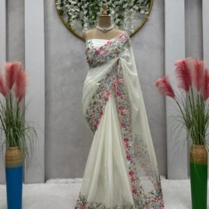 Tussar Silk White Sequence With Pearl Work Saree