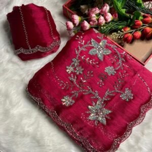 Tomato Red Attractive Multi Work And Khatli Cut Work Zimmy Choo Sare