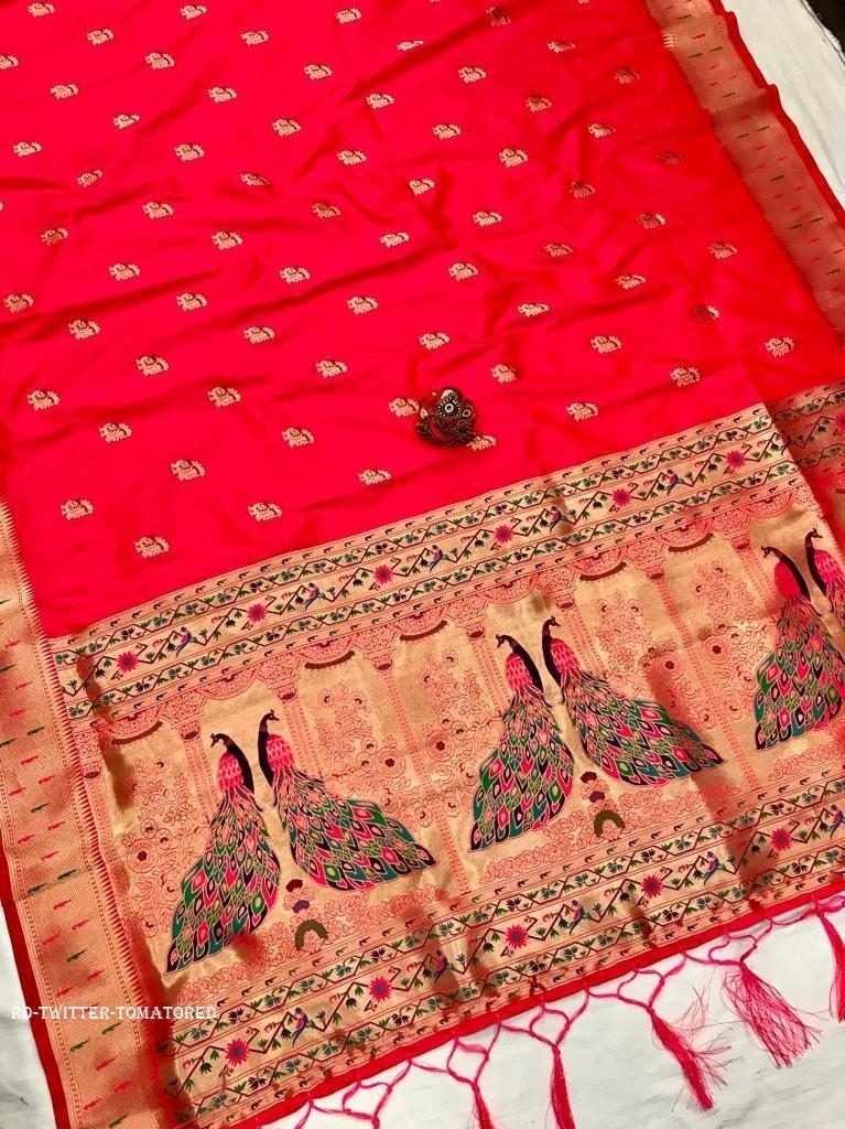 tomato red designer kanchipura 1712913336 Tomato Red Designer Kanchipuram Paithani Silk Saree