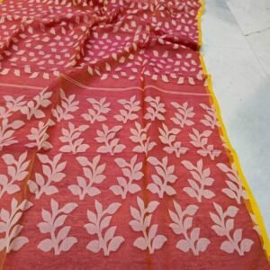 Tomato Red Pearl Print Jharapata Muslin Cotton Soft Jamdani Saree
