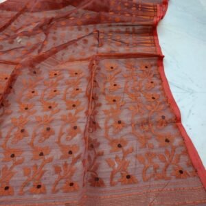 Tomato Red Soft Pure Maslin Dhakai Jamdani Saree
