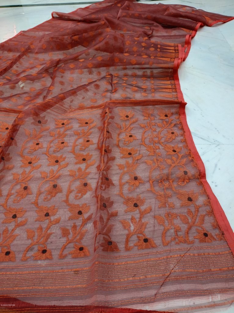 tomato red soft pure maslin dh 1712392686 Tomato Red Soft Pure Maslin Dhakai Jamdani Saree