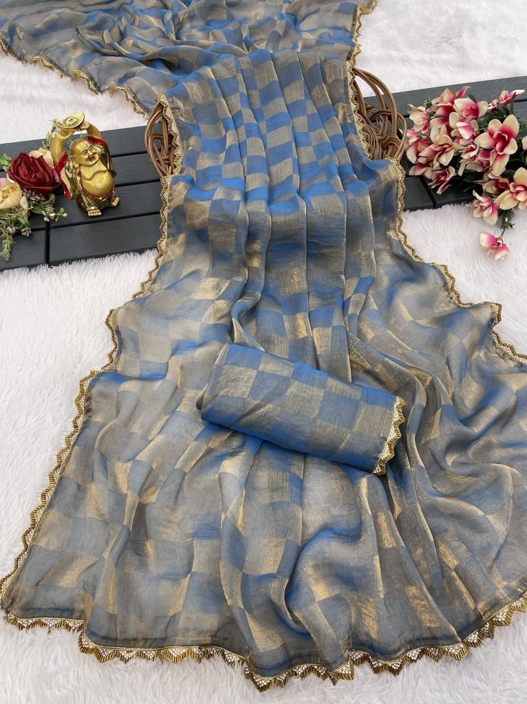 tow tone space silk blue check 1741339933 Tow Tone Space Silk Blue Checks Saree