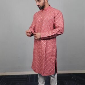 Traditional Cotton Golden Mirror Peach Kurta And Pyjama