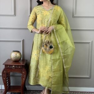 Traditional Full Neck Mirror Work Muslin Silk Kurti Set