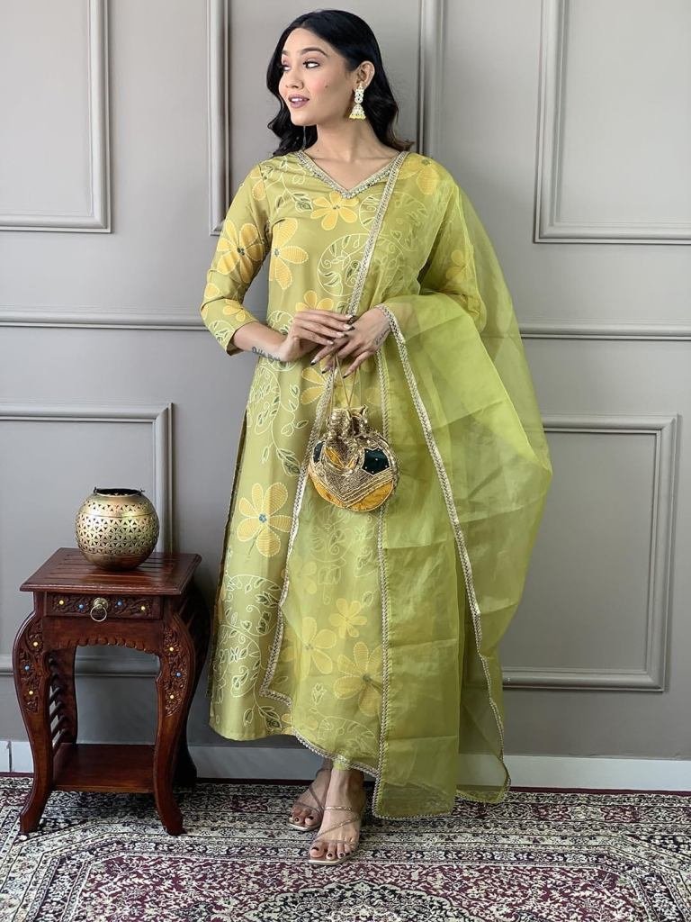 traditional full neck mirror w 1729848782 Traditional Full Neck Mirror Work Muslin Silk Kurti Set