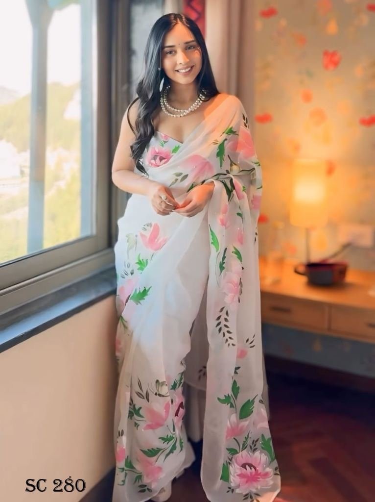 traditional georgette white fl 1716988176 Fancy Georgette White Flower Saree