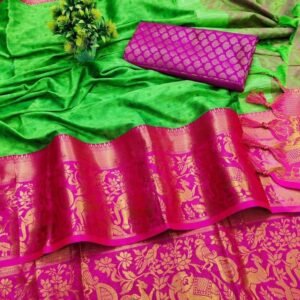 Traditional Green Color Cotton Jacquard Silk Saree With Contrast Pallu