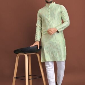 Traditional Indian Wear Gents Pista Silk Kurta and Pyjamas Set