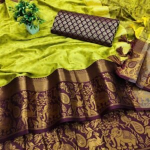 Traditional Mehendi Color Cotton Jacquard Silk Saree With Contrast Pallu