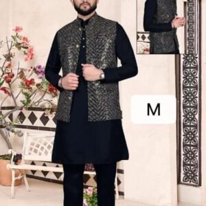 Traditional Mens Wear Black Pure Silk Kurta Pajama With Koti Set