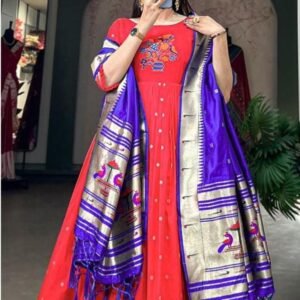 Traditional Paithani Silk Red Ready made Gown With Dupatta