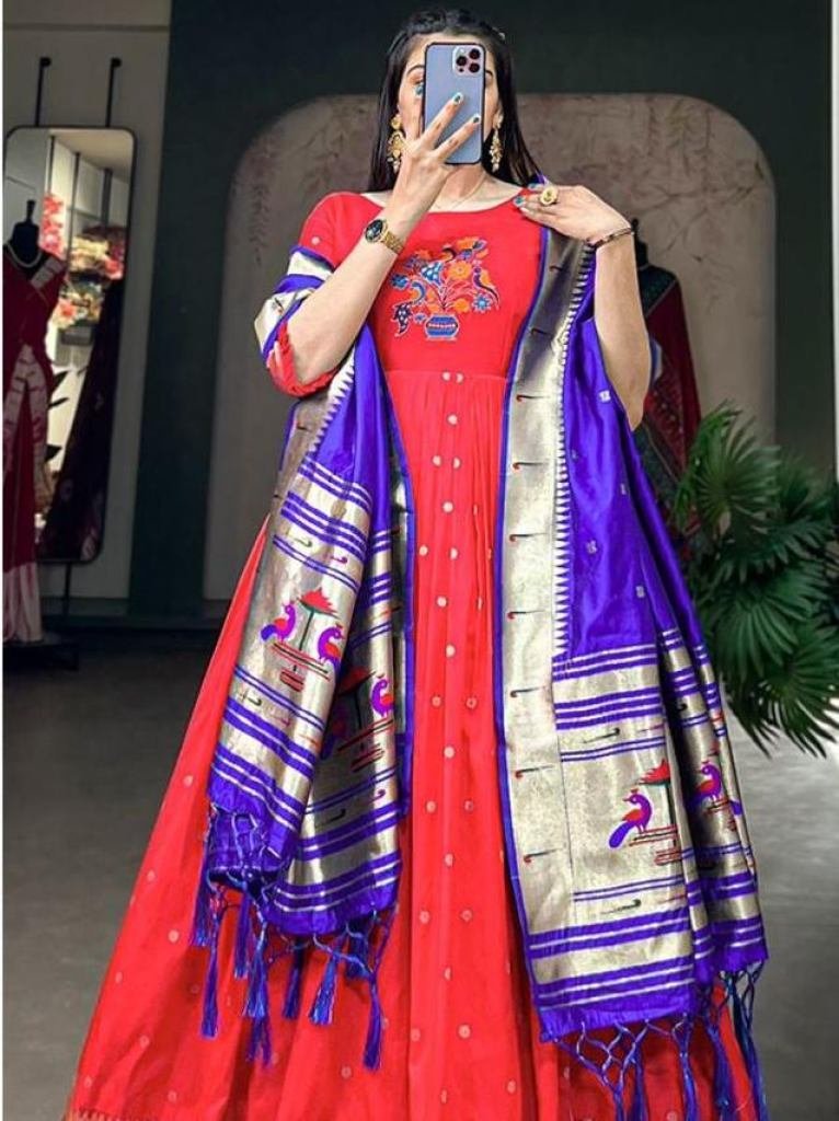 traditional paithani silk red 1732013761 Traditional Paithani Silk Red Ready made Gown With Dupatta