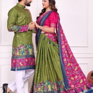 Traditional Patola Couple Outfit Green Dola Silk Kurta Chaniya Choli