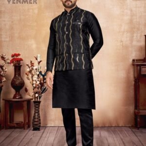 Traditional Silk Black Kurta And Pyjama With Koti