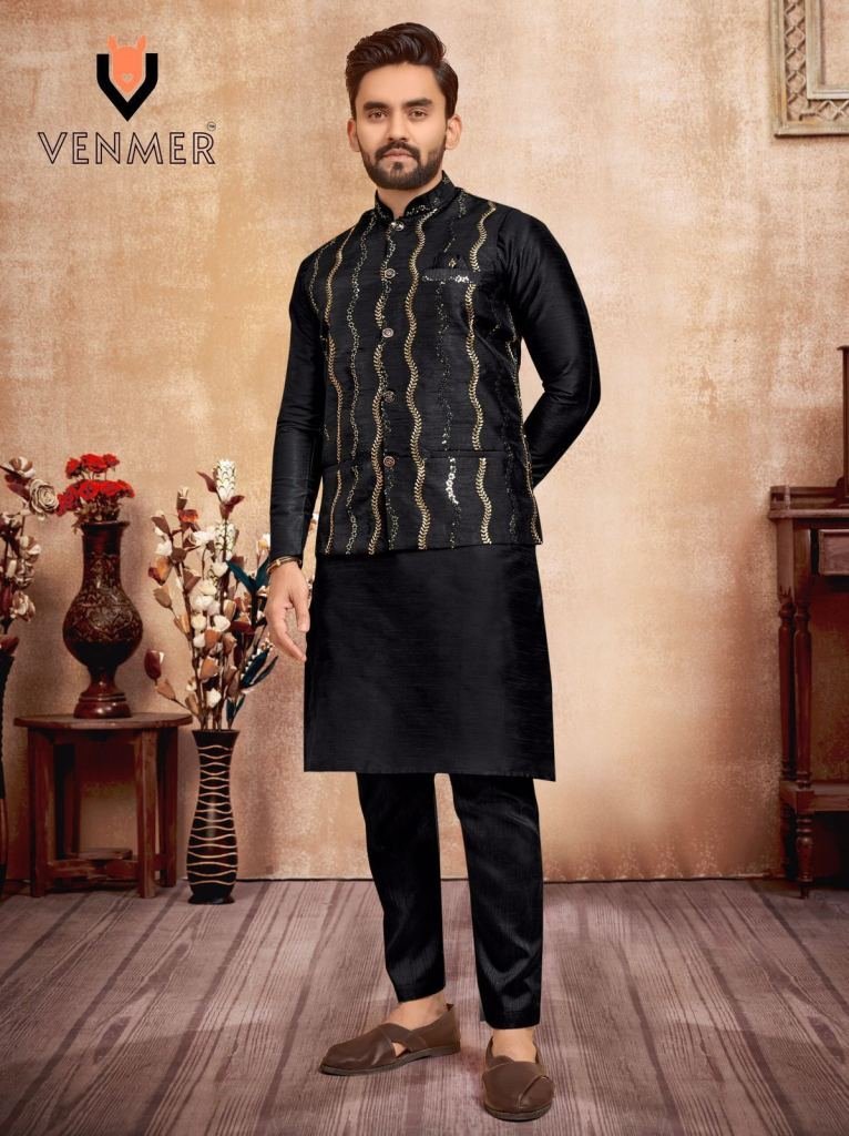 traditional silk black kurta a 1728648528 Traditional Silk Black Kurta And Pyjama With Koti