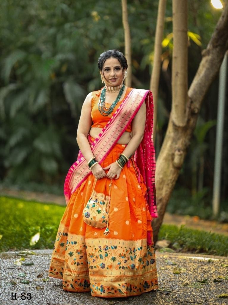 traditional silk paithani oran 1725012018 Traditional Silk Paithani Orange Lehenga Choli Set