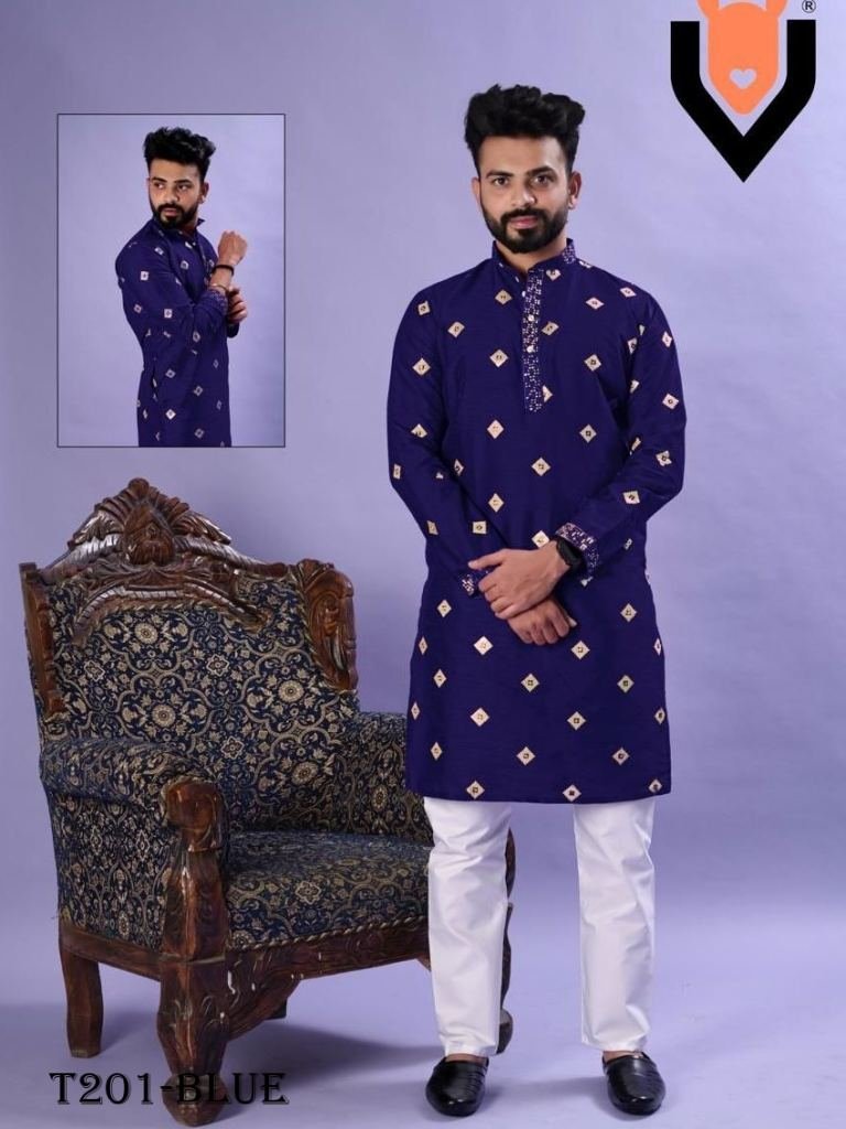 traditional wear blue pure sil 1720615040 Traditional Wear Blue Pure Silk Kurta Pajama Set