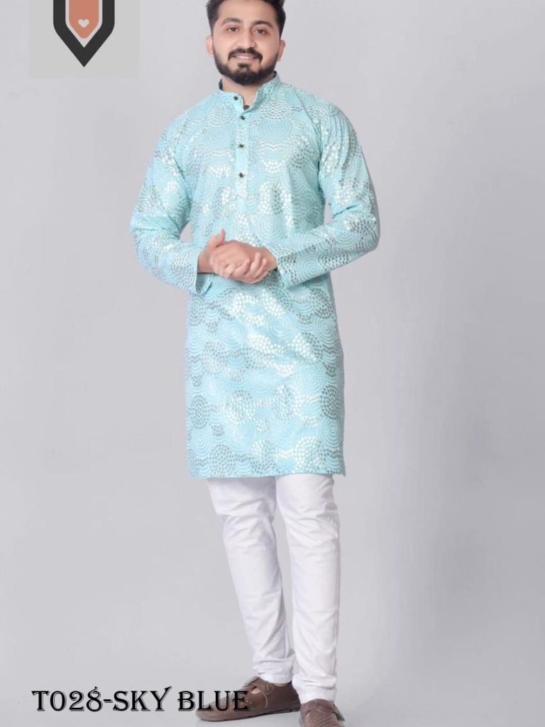 traditional wear georgette sky 1718012483 Traditional Wear Georgette Sky Blue Printed Work Kurta With Pajama Set