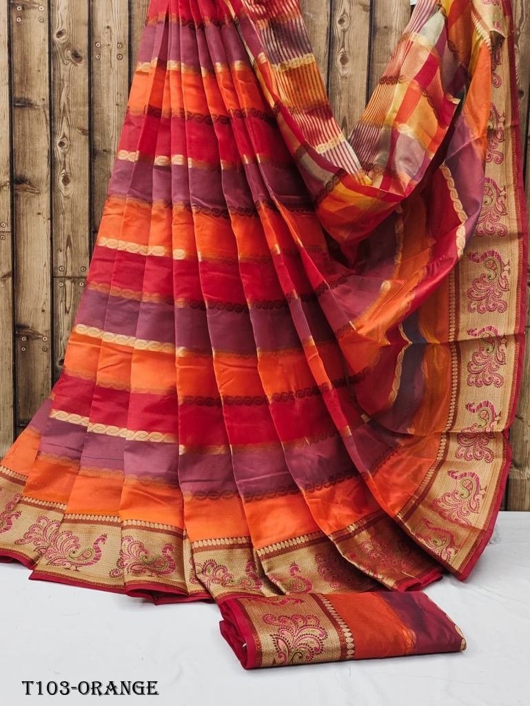 traditional wear orange silk p 1718780165 Traditional Wear Orange Silk Pathani Saree With Zari Lining