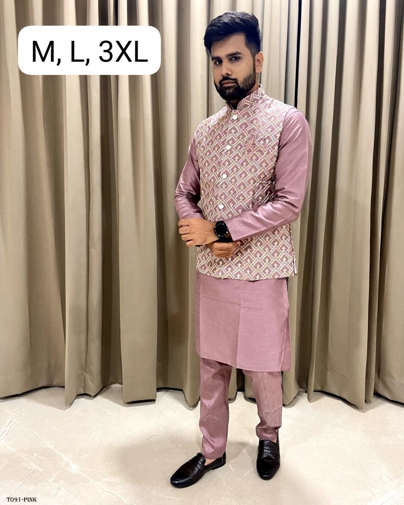 traditional wear pink kurta py 1718697402 Traditional Wear Pink Kurta Pyjama With Jacket For Men