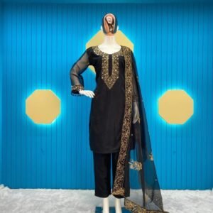 Trending Black Organza Suit With Pant And Dupatta Set With Embroidery Work