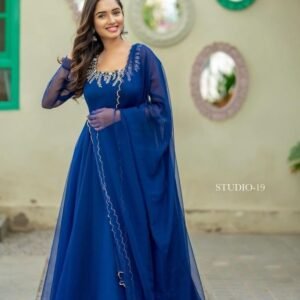 Trending Blue Georgette Anarkali Gown With Dupatta Set