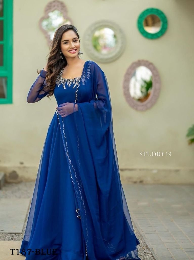 trending blue georgette anarka 1720416288 Trending Blue Georgette Anarkali Gown With Dupatta Set