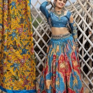 Trending Collection Blue Silk Chinon Lehenga Choli With Kalamkari Print