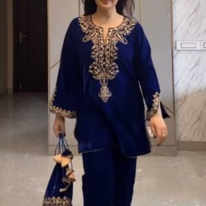 Trending Embroidery Work Velvet Blue Top and Pant
