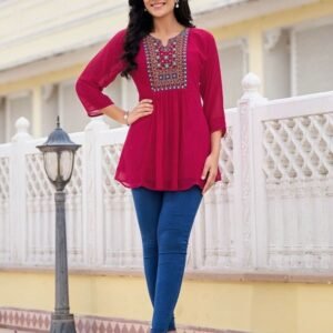Trending Georgette Rani ladies Top With Embroidery Work