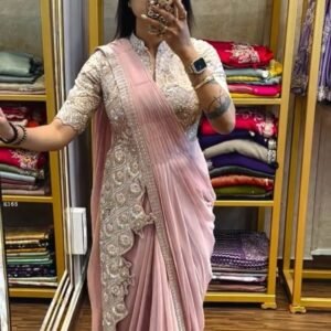 Trending Light Pink Drape Saree With Stitched Stylist Blouse