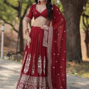 Trending Red Fully Flared Georgette Lehenga Set