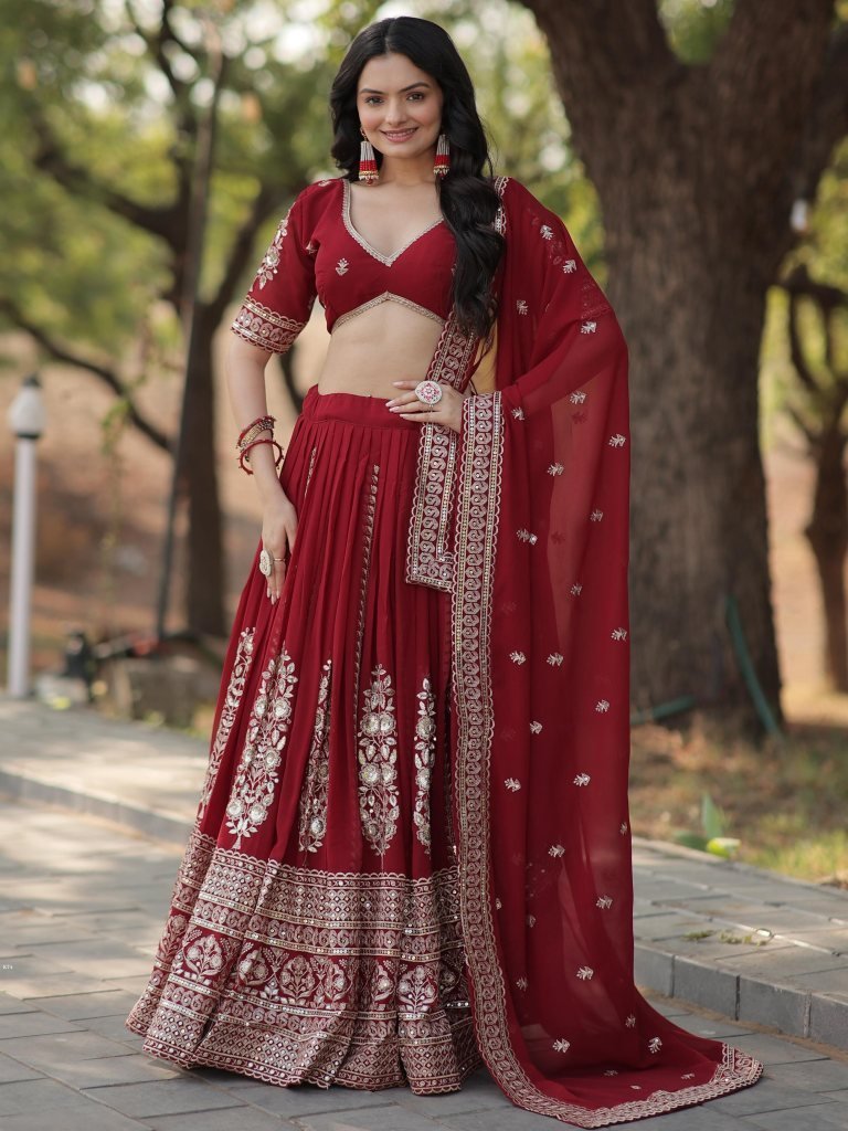 trending maroon fully flared g 1733577286 Trending Red Fully Flared Georgette Lehenga Set