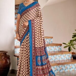 Trending Pure Cotton Cream Saree and Blouse