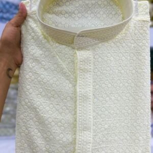 Trending Rayon Chikan Work Cream Kurta With Pyjama