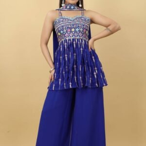 Trending Sweetheart Blue Strap Top Palazzo With Dupatta Set