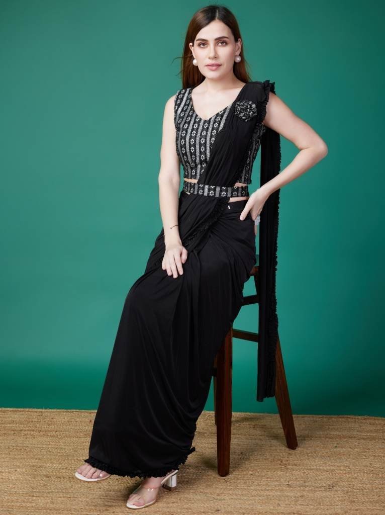 trendy black ready to wear sar 1712918910 Trendy Black Ready to Wear Saree with Frill Border