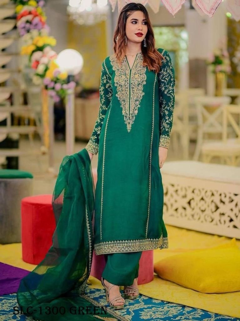 trendy georgette sequin embroi 1725014844 Trendy Georgette Sequin Embroidery Work Green Kurti Palazzo Set